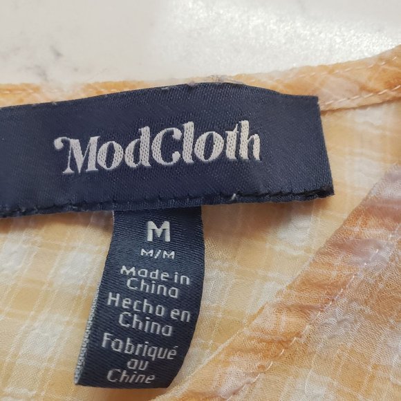 ModCloth blouse size Medium sheer checkered gathered half sleeve Peachy white - Picture 4 of 7